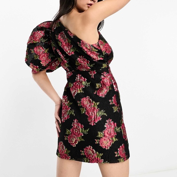 Dream Sister Jane one shoulder jacquard mini dress in red and gold Small - Picture 2 of 7